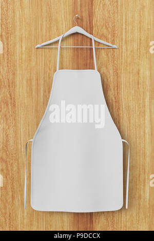 Blank white apron isolated on wooden background with clipping path. 3d ...