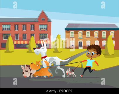 African-American boy holds a dog-lead and looks after pets. Kid walks dogs on leash along city street against buildings on background. Cartoon character strolls with her domestic animals in downtown Stock Vector