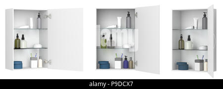 Different views of open white bathroom cabinet with cosmetics and bath products isolated on white Stock Photo