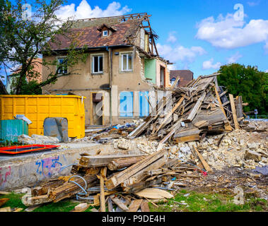 Strasbourg, rubble, yellow container, torn down house, demolition zone, Alsace, France, Europe, Stock Photo