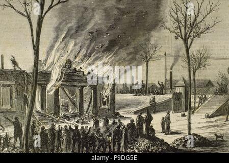 Spain. Catalonia. Barcelona. Fire in a house of the taxes' collection (fielato) in the outskirts of the Portal de San Carlos in 1872. Violent acts due to the unpopularity of the consumption tax. Engraving by Capuz. 'La Ilustracion Espanola y Americana', 1872. Stock Photo