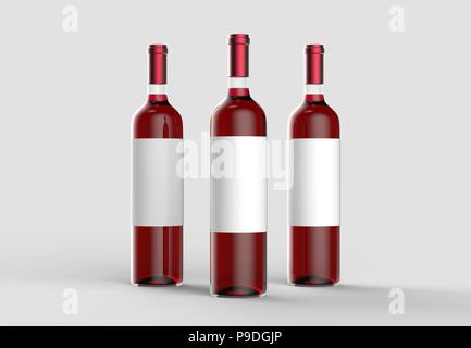 Wine bottle mock up with blank white label. Isolated on light gray background. 3D illustration Stock Photo