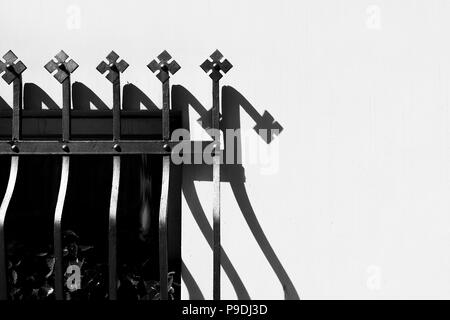 Decorative metal grille on the window with shadow on the white wall and leaves of plants Stock Photo