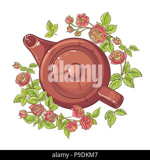 rose tea in teapot illustration on white background Stock Vector