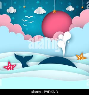 Sea paper cut blue whale silhouette and underwater landscape with ...