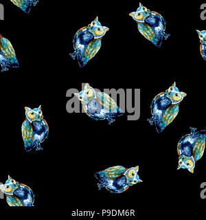 Watercolour owl seamless pattern on black Stock Photo