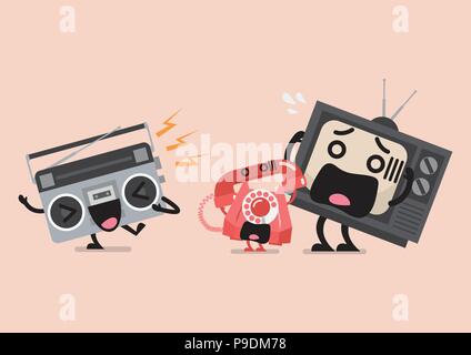 Singing radio character annoying telephone and television. Funny cartoon emoticons Stock Vector