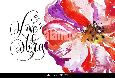 love story hand lettering with bright watercolor red poppy Stock Vector