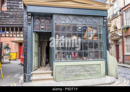 A film set, setting up and building false fronts to shops and windows in hull Stock Photo