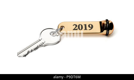 Room key with golden keychain 2019 new year concept isolated on white Stock Photo