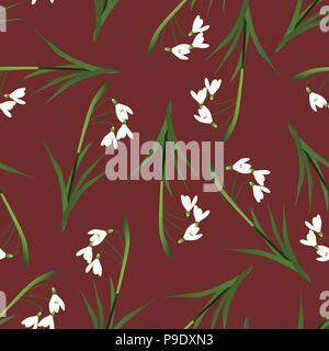 White Snowdrop Seamless on Red Background. Vector Illustration. Stock Vector