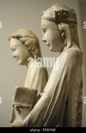 Master of Anglesola, active in Lleida, first half of 14th century. Annunciation Group, ca. 1330. Stone with remains of polychromy. Probably from El Camp de Tarragona, Catalonia. National Art Museum of Catalonia. Barcelona. Catalonia. Spain. Stock Photo