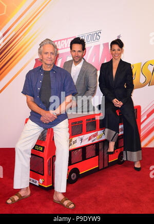Michael Douglas (left), Paul Rudd (centre) and Evangeline Lilly attending a photocall for Ant-Man and The Wasp, held at Corinthia Hotel, London. Stock Photo
