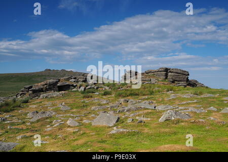 View from Rowtor with West Mill Tor in the background with white clouds in a blue sky, Dartmoor Stock Photo