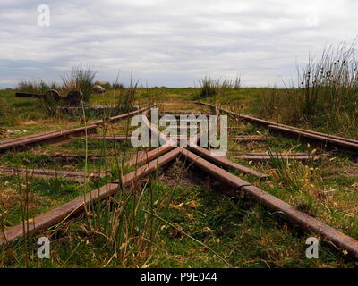 Rusty track and points of the remote disused Rowtor Target Railway, Dartmoor Stock Photo