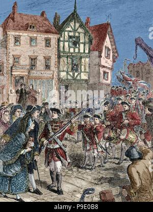 American Revolutionary War (1775-1783). Boston. Citizens hostile with the British soldiers. Engraving. 19th century. Colored. Stock Photo