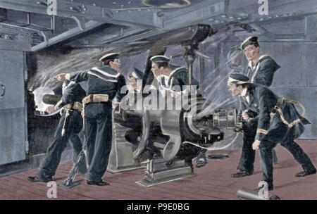 Russo-Japanese War (1904-1905). Opening fire aboard a Japanese battleship. Engraving. 'La Ilustracion Espanola y Americana', 1904. Colored. Stock Photo