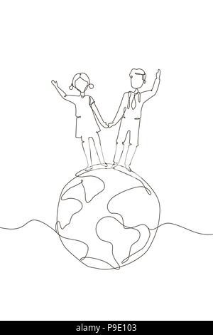 Children standing a globe - one line design style illustration Stock Vector