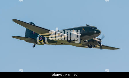 Douglas C-47 Skytrain (Dakota DC-3) from the RAF Battle of Britain Memorial Flight displaying at the RNAS Yeovilton Air Day, UK on the 7th July 2018. Stock Photo