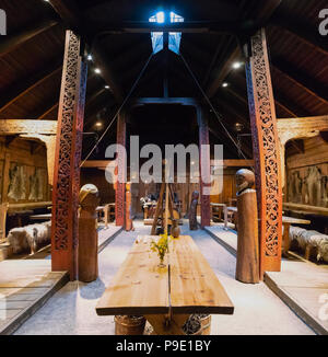 Interior of Longhouse, Lofotr Viking Museum, Vestvagoy, Lofoten Islands ...