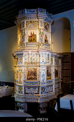 Basel, tiled ceramic stove 16th century in the Guild House Zunft zum Schlüssel, Schlusselzunft restaurant, Switzerland, Europe, Stock Photo