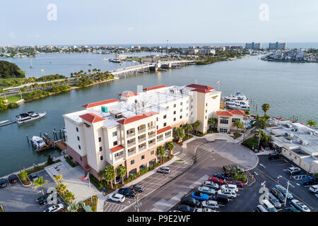 St. Saint Petersburg Florida,Madeira Beach,Courtyard by Marriott,hotel,Boca Ciega Bay,Tom Stuart Causeway bridge,Gulf of Mexico,aerial overhead view,F Stock Photo