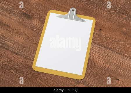 Orange clipboard with blank white paper pages isolated on wooden background with clipping path. 3d illustration Stock Photo