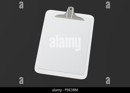 Black clipboard with blank white paper pages isolated on black ...