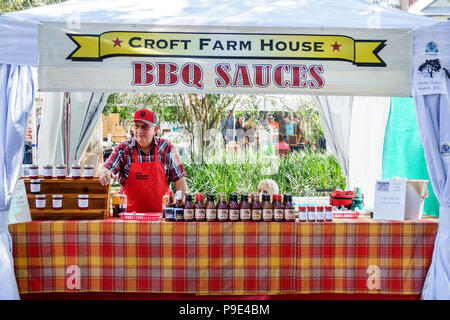 Florida,Micanopy,Fall Harvest Festival,annual small town community booths stalls vendors buying selling,Croft Farm House,BBQ barbecue sauce,man men ma Stock Photo