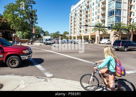 Gainesville Florida,University Avenue,traffic intersection,street crossing,student students education pupil pupils,cycling bicycle bicycles bicycling Stock Photo