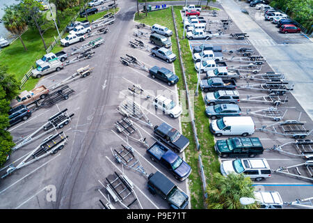 St. Saint Petersburg Florida,Bay Pines,War Veterans Memorial Park,boat trailers,parking parked,pickup trucks,aerial overhead view,FL18071134d Stock Photo