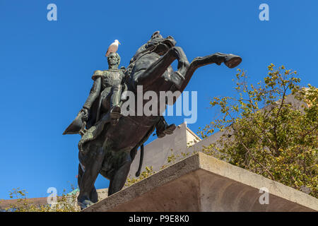 Simon Bolivar bronze statue with a western gull (Larus occidentalis) perched on the General Bolivar's head, San Francisco, California, United States. Stock Photo
