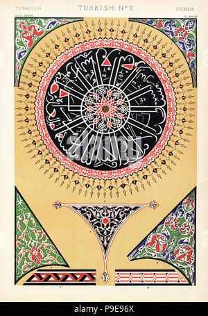 Painted ornaments from the Mosque of Soliman (Suleymaniye Mosque), Constantinople (Istanbul). From the Yeni D'jami 1,2,6,7,8, rosace and spandrils from the dome of the Mosque of Sultan Soliman I 3,4,5. Chromolithograph by Francis Bedford from Owen Jones' The Grammar of Ornament, Quaritch, London, 1868. Stock Photo