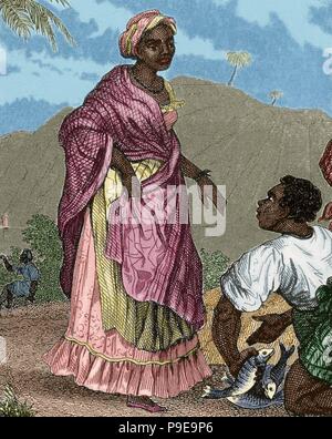 Black woman and man. Engraving, 19th century. Colored. Stock Photo