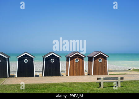 Beach cabins at seaside resort Sainte-Marguerite-sur-Mer along the North Sea coast, Seine-Maritime, Haute-Normandie, Côte d'Albâtre, Normandy, France Stock Photo