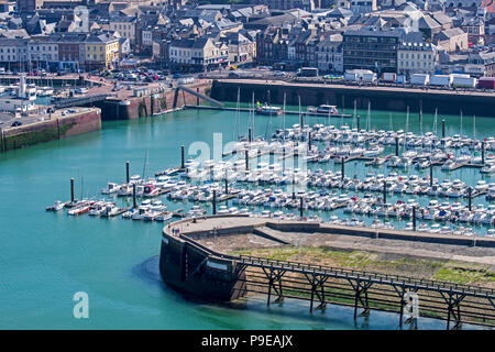 Aerial view over the harbour with pleasure boats and sailing yachts in the city Fécamp, Seine-Maritime, Normandy, France Stock Photo