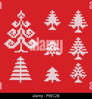 Knitted icons of Christmas trees for drawing greeting cards and advertising for Christmas and New Year. Stock Vector