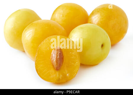 Yellow cherry plums also known as mirabelle plums isolated on white background Stock Photo