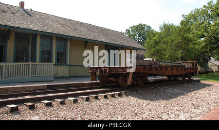 Scenic view of a railway wagon on track outside a station preserved at the Dallas Heritage Village, a museum near the city centre. Stock Photo