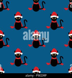 Black Cat Santa Hat Seamless on Indigo Blue Background. Vector Illustration. Stock Vector