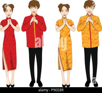 Chinese Woman and Man in Red and Gold Qipao Dress. isolated on White Background. Vector Illustration. Stock Vector