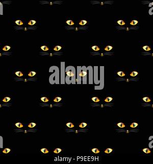 Cat Golden Eye Seamless on Black Background. Vector Illustration. Stock Vector