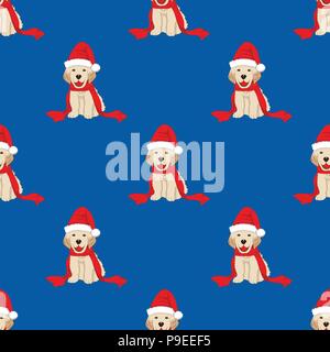 Labrador Retriever with Santa Hat Seamless on Blue Background. Vector Illustration. Stock Vector