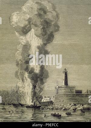 Spain. Catalonia. Barcelona. Explosion of the 'Express' steamship in the port of Barcelona on August 17, 1875, due to the fire in the ammunition that was loaded towards the site of the Seo. Engraving by Monleo n. 'La Ilustracion Espanola y Americana', August 30, 1875. Stock Photo
