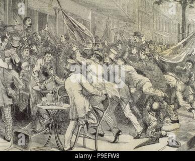 Franco-Prussian War (1870-1871). Paris. Boulevard Montmartre. Reaction of the people when it knows the defeat of the French in Forbach. Engraving of 'The Spanish and American Illustration', 1870.