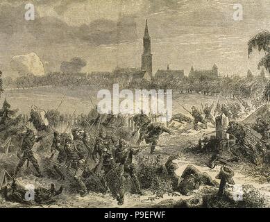 Franco-Prussian War (1870-1871). Combat of the garrison of Strasbourg with the Prussians camped in the cemetery of Saint Elena. Engraving. 'La Ilustracion Espanola y Americana', 1879. Stock Photo