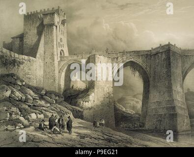 Spain. Toledo. Saint Martin's bridge. 14th century. Engraving by Genaro Perez Villaamil (1807-1854). Stock Photo