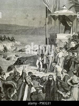 Egypt. The Suez Canal. It connects the Mediterranean Sea to the Red Sea through the Isthmus of Suez. Inauguration ceremony of the Suez Canal at Port-Said on November 17, 1869 under Isma'il Pasha (1830-1895). Engraving by Desandre. Stock Photo