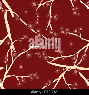 Cream Plum Blossom Flower on Red Background. Vector Illustration. Stock Vector