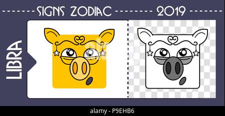 Horoscope zodiac symbol 2019 year of a pig libra. Flat сartoon сhinese horoscope colored icon and black and white illustration isolated on white backg Stock Vector